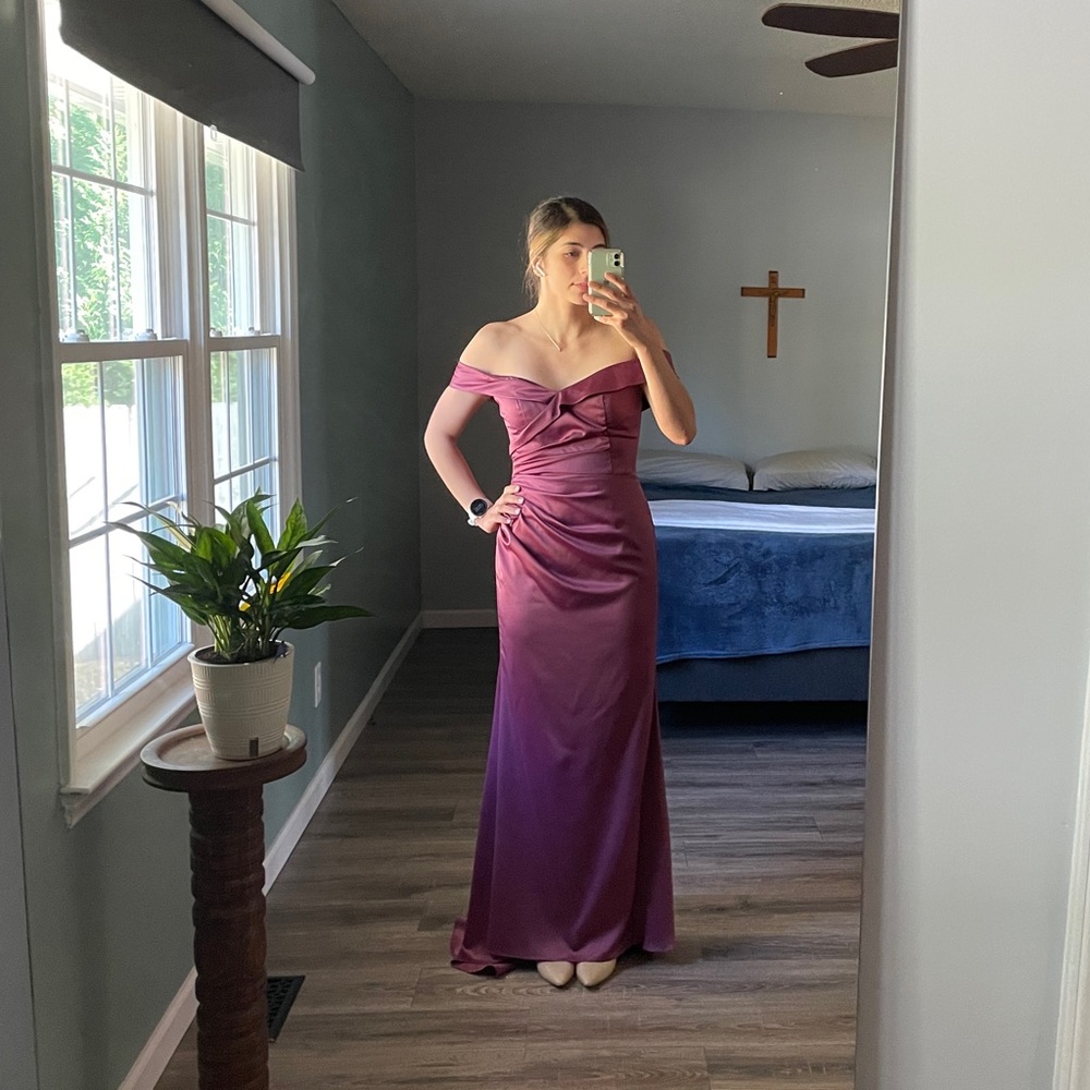 Davids Bridal Satin Off-the-Shoulder Mermaid bridesmaid dress